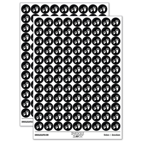 Bear Tracks Animal Paw Prints 200+ Round Stickers - Black - Gloss Finish - 0.50" Size