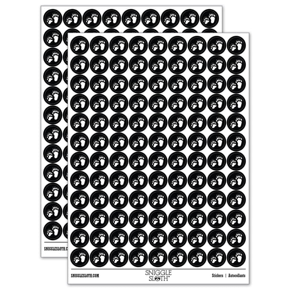 Bear Tracks Animal Paw Prints 200+ Round Stickers - Black - Matte Finish - 0.50" Size
