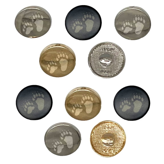 Bear Tracks Animal Paw Prints Set of 10 Metal 0.6" (15mm) Sewing Shank Round Buttons - Black Color