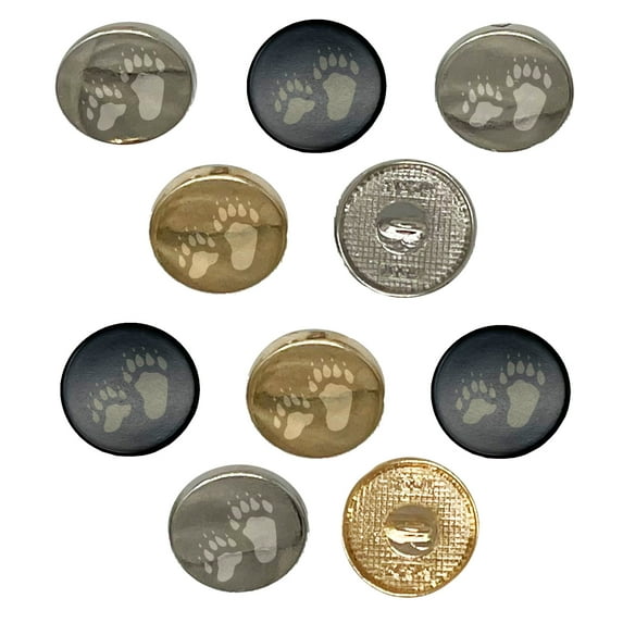 Bear Tracks Animal Paw Prints Set of 10 Metal 0.6" (15mm) Sewing Shank Round Buttons - Gold Color