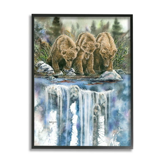 Bear Trio Fishing Lake Reflection Animals & Insects Graphic Art Black Framed Art Print Wall Art