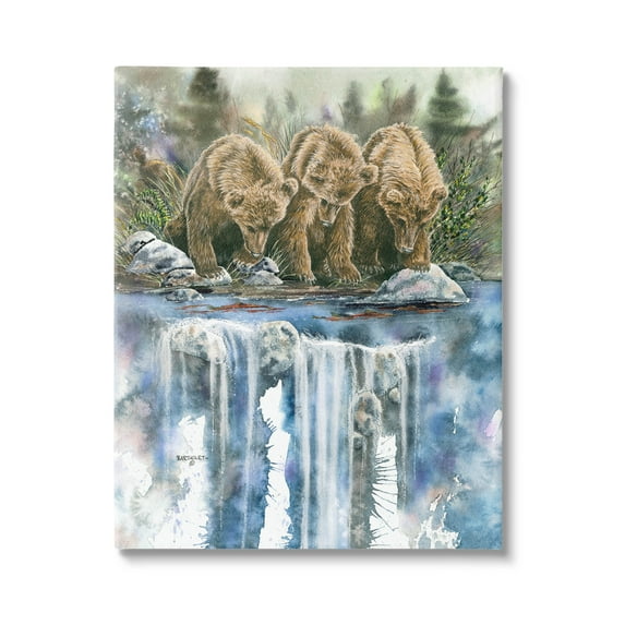 Bear Trio Fishing Lake Reflection Animals & Insects Graphic Art Gallery Wrapped Canvas Print Wall Art