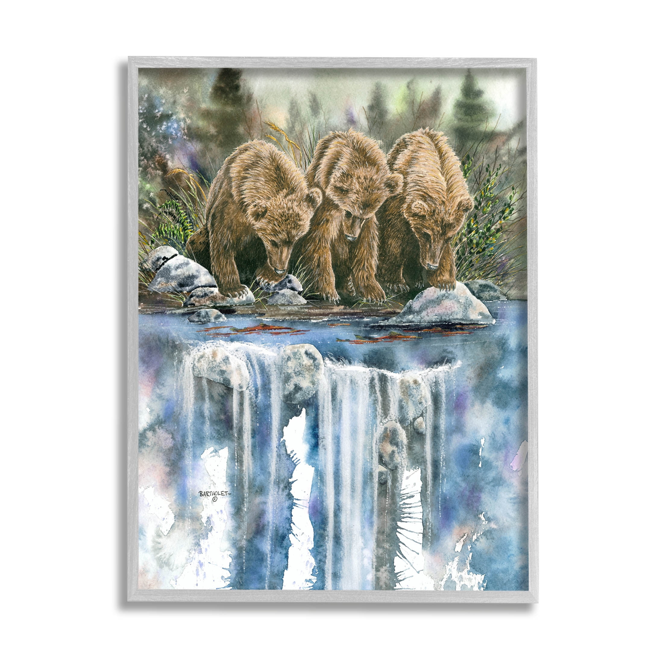 Bear Trio Fishing Lake Reflection Animals & Insects Graphic Art Gray Framed Art Print Wall Art