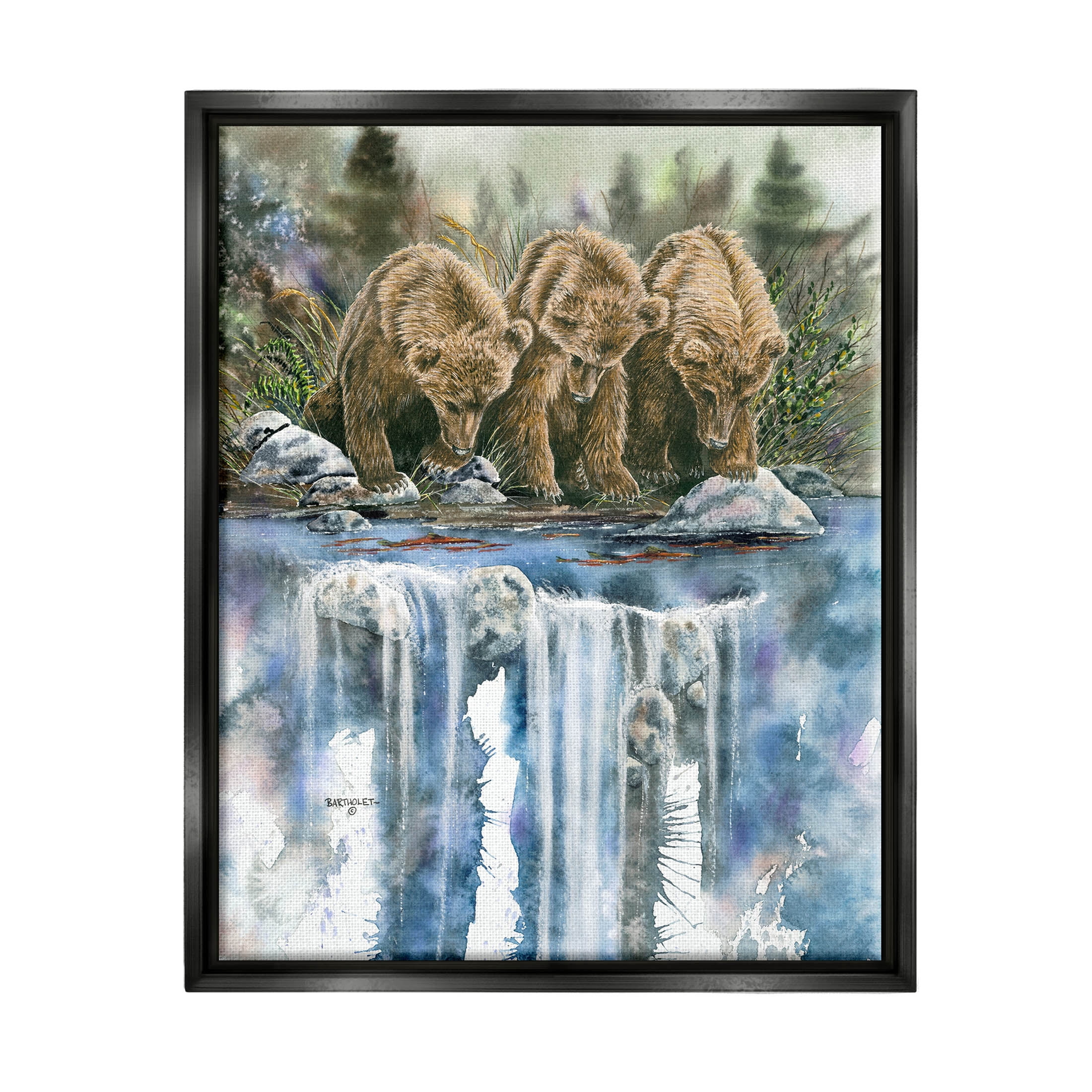 Bear Trio Fishing Lake Reflection Animals & Insects Graphic Art Jet Black Framed Art Print Wall Art