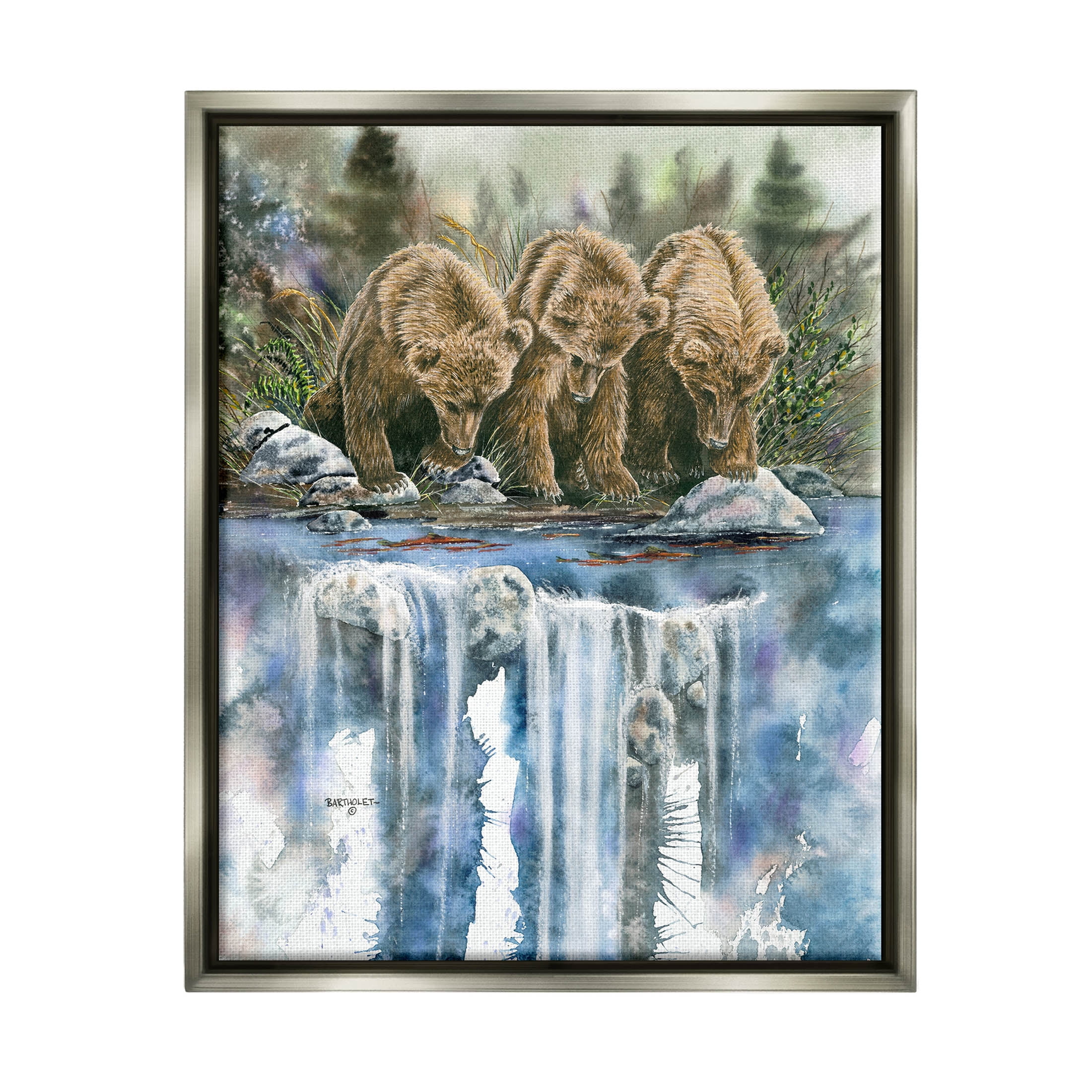 Bear Trio Fishing Lake Reflection Animals & Insects Graphic Art Luster Gray Framed Art Print Wall Art