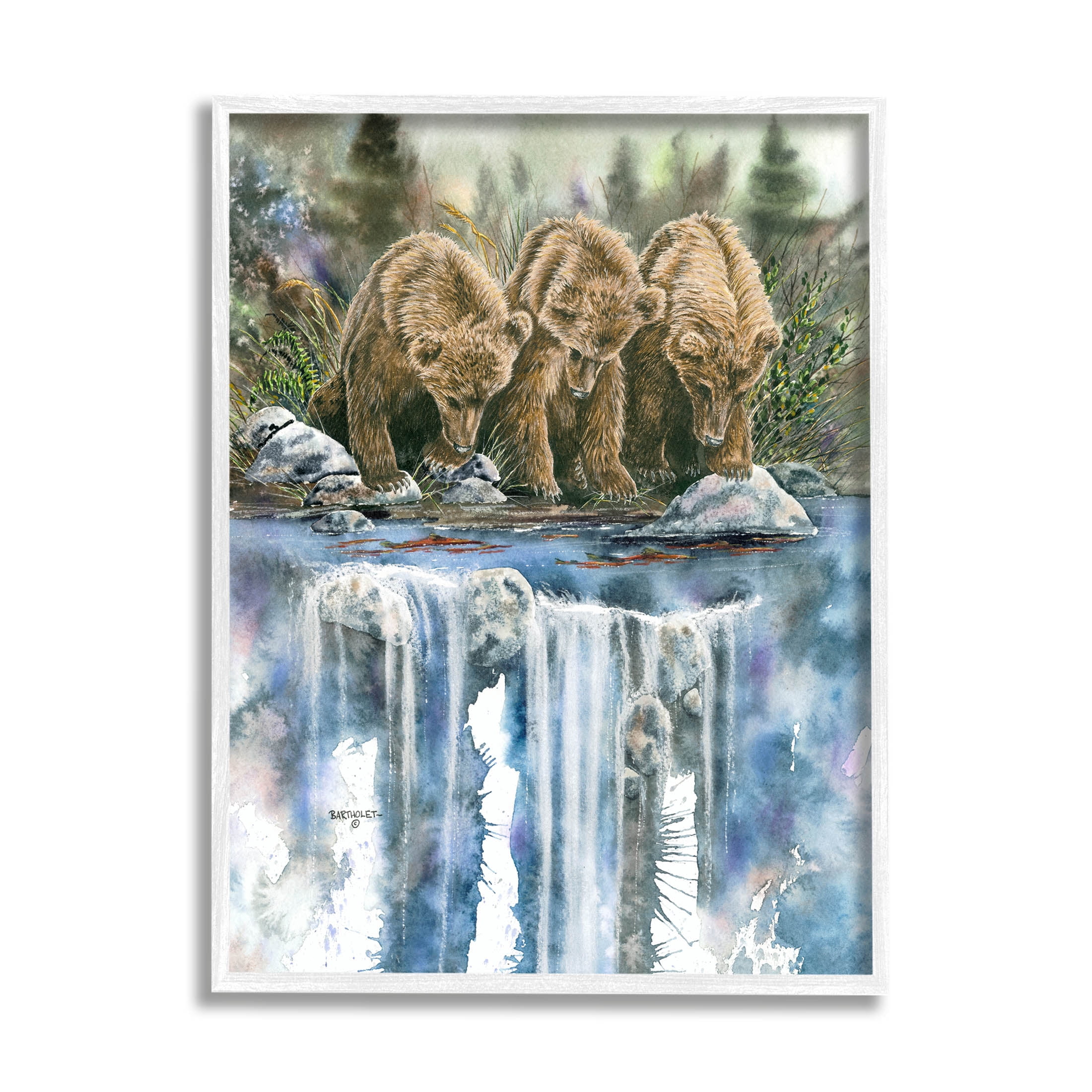 Bear Trio Fishing Lake Reflection Animals & Insects Graphic Art White Framed Art Print Wall Art