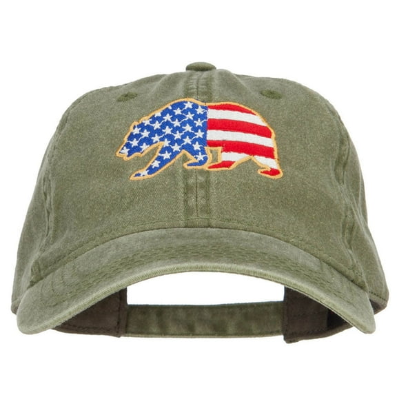 Bear USA Flag Embroidered Washed Buckle Cap - Olive OSFM