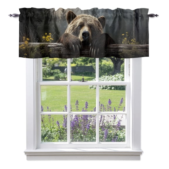 Bear Valances for Windows, Animal Wood Fence Forest Farmhouse Rod Pocket Valance Short Window Treatments Curtains for Kitchen Bathroom Bedroom Decor, 42 x 12 Inches