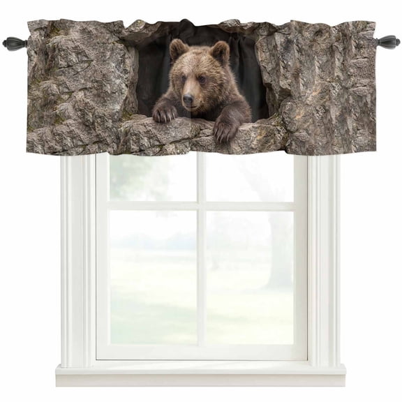 Bear Valances for Windows Country Rustic Natural Forest Rock Cave Wild Animal Rod Pocket Curtain Valance Window Treatment Short Curtains for Kitchen Living Room, 42"x18"