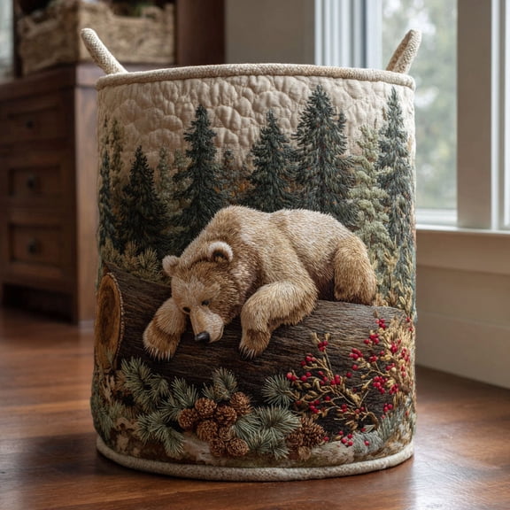 Bear Valley Quilted Laundry Basket, Woodland Animal Laundry Hamper with Quilted Style for Cozy Storage