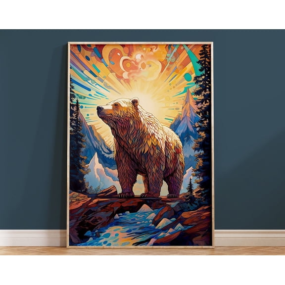 Bear Wall Art Print Boho Housewarming Gift For Animal Lover Nature Print Grizzly Bear Brown Bright Sunset Sunrise Wild Abstract Home Decor Wall Art, Modern Wall Decor, 12x18 UNFRAMED