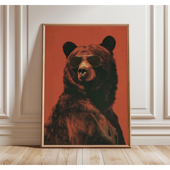 Bear Wall Art, Retro Animal Poster, Funny Bear Wearing Sunglasses, Quirky Wildlife Print, Poster Only