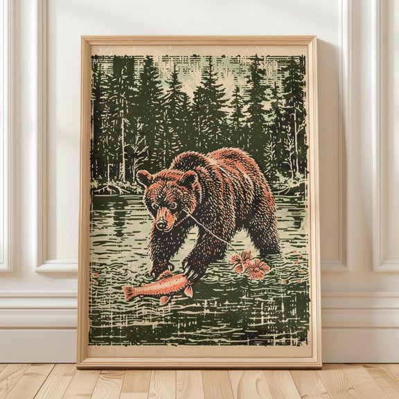 Bear Wall Art, Rustic Linocut, Cabin And Lodge Style Poster , Poster Print Only