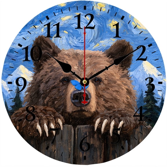 Bear Wall Clock 9.84 Inch, Rustic Wildlife Cabin Lodge Battery Operated Analog Clock with Easy to Read Numbers for Living Room Bedroom Office