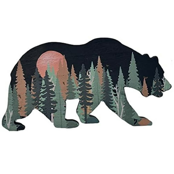 Bear Wall Plaque with Painted Tree Design 11.75 Inches X 6.3 Inches