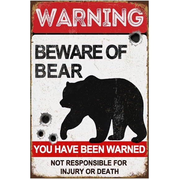 Bear Warning Metal Wall Sign Vintage Forest Plaque 8 x 12 In