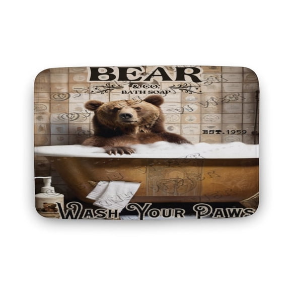 Bear Wash Your Paws Rustic Bath Mat,Cute Cartoon Bear Bathroom Rugs No Slip,Washable Cover Floor Rug Carpets Floor Mat 16"x24"