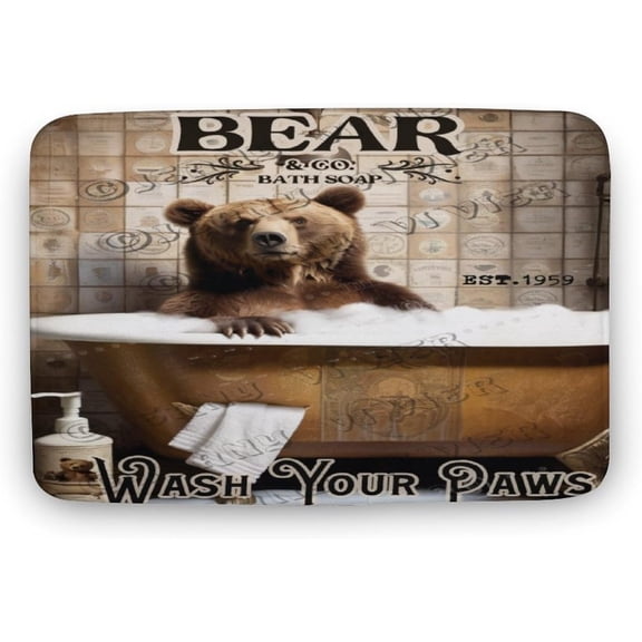 Bear Wash Your Paws Rustic Bath Mat,Cute Cartoon Bear Bathroom Rugs No Slip,Washable Cover Floor Rug Carpets Floor Mat 20"x32"