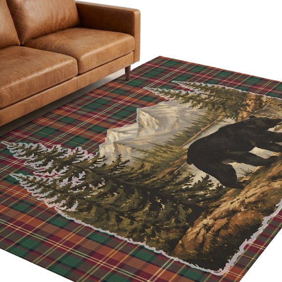 Bear Washable Area Rug 5 x 8 ft Rustic Farmhouse Brown Mountain Pine Lake Red Green Plaid Soft Non‑Slip Rugs Stain Repellent Indoor Mats for Spacious Family Room, Long Dining‑Table, Sunroom