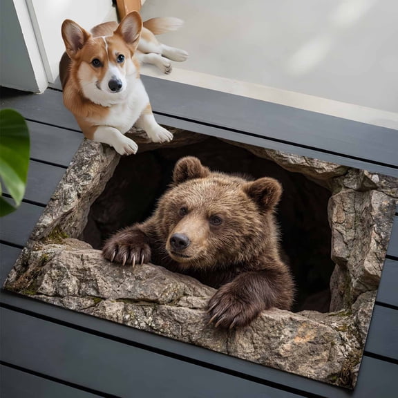 Bear Washable Entry Rug 2x3 Country Rustic Natural Forest Rock Cave Wild Animal Low Pile Indoor Door Mat with Rubber Backing Thin Area Rug for for Entrance, Bedroom, Kitchen, Laundry, Bathroom