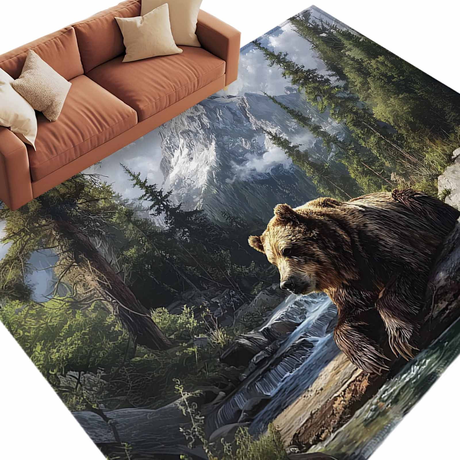 Bear Washable Living Room Rugs 5'x8', Animal Snow Mountain Nature Pine ...