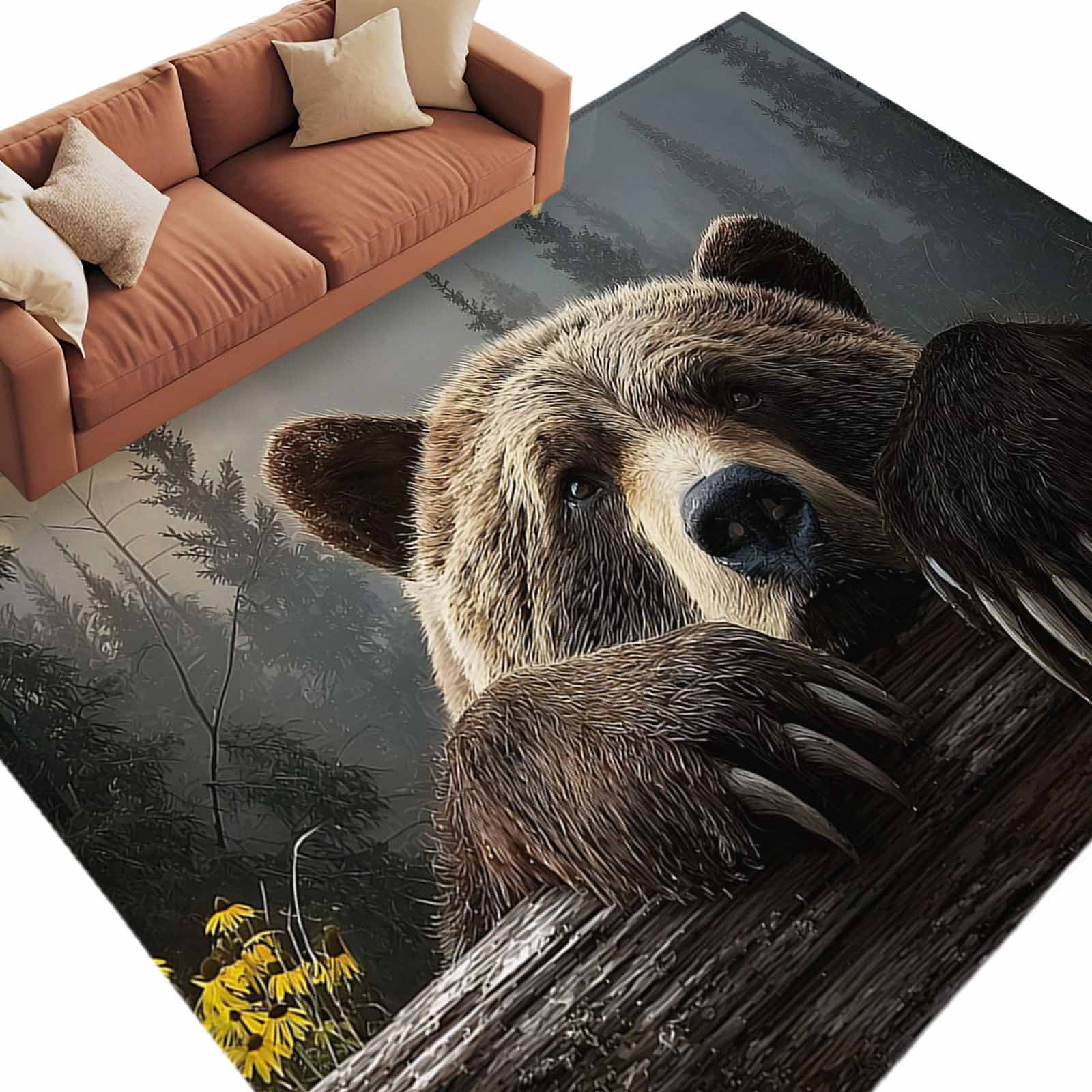 Bear Washable Living Room Rugs 9'x12', Animal Wood Fence Forest ...