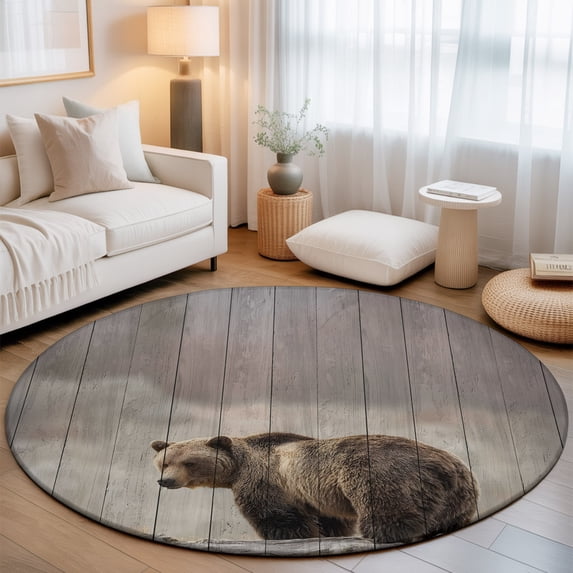 Bear Washable Round Area Rug 7 ft, Farmhouse Rustic Animals Wooden ...