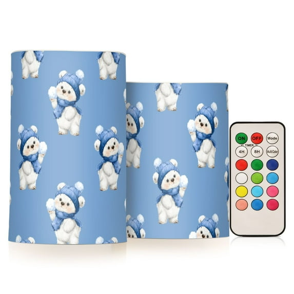Bear Wearing A Blue Winter Hat Pattern Flameless LED Candle Set with Remote, Battery Operated Color Changing Pillar Candles, Set of 2