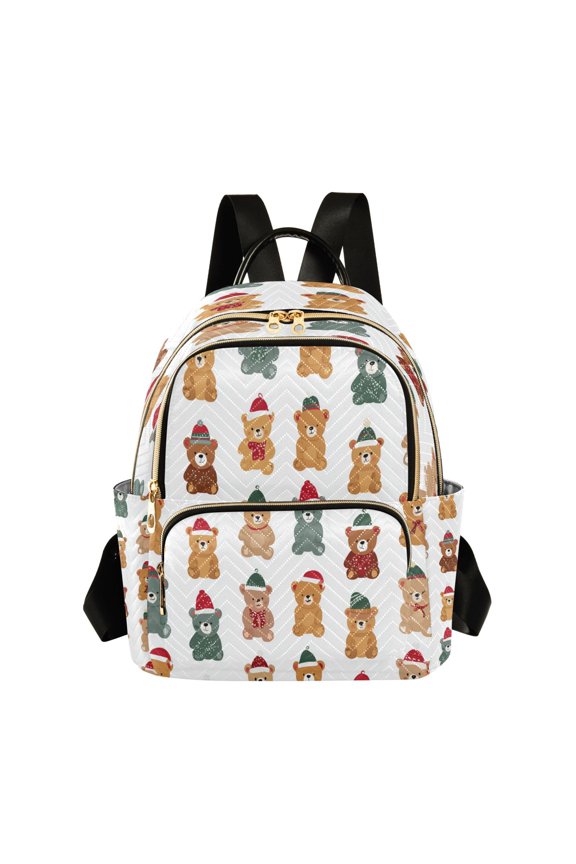 Bear Wearing Christmas Hats Repeating Pattern Quilted Backpack Fashion Daypack Commuter Bag for Women 8.5 L