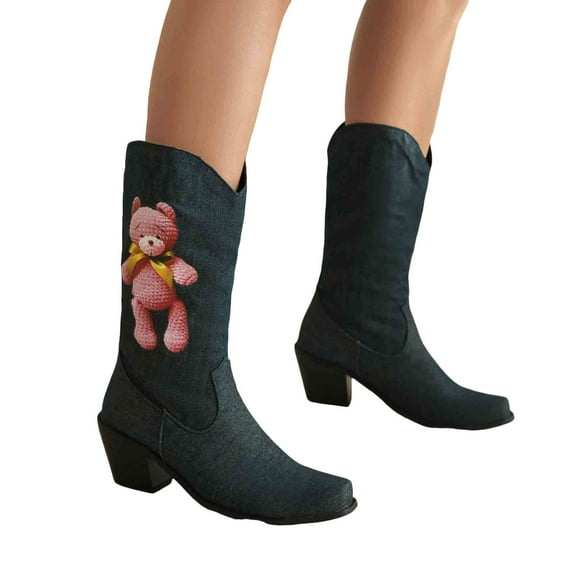 Bear Wide Mid Calf Cowgirl Boots for Women Fashion Cute Denim Pointed Toe Chunky Heeled Cowgirl Tall Boots