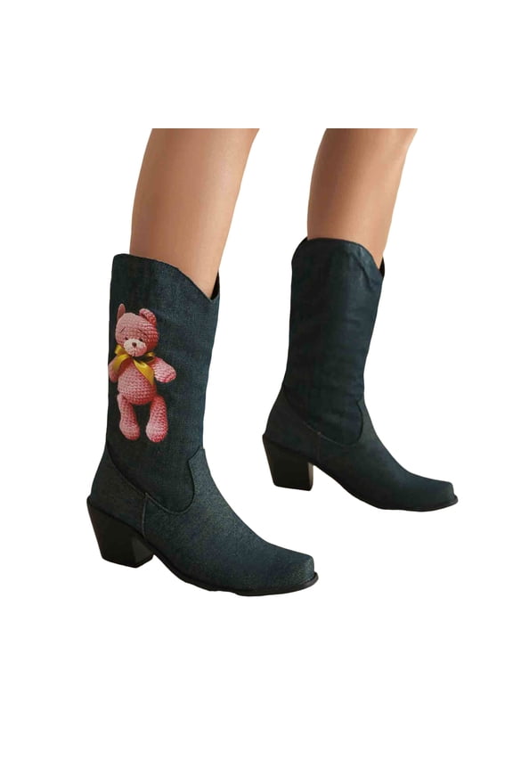 Bear Wide Mid Calf Cowgirl Boots for Women Fashion Cute Denim Pointed Toe Chunky Heeled Cowgirl Tall Boots