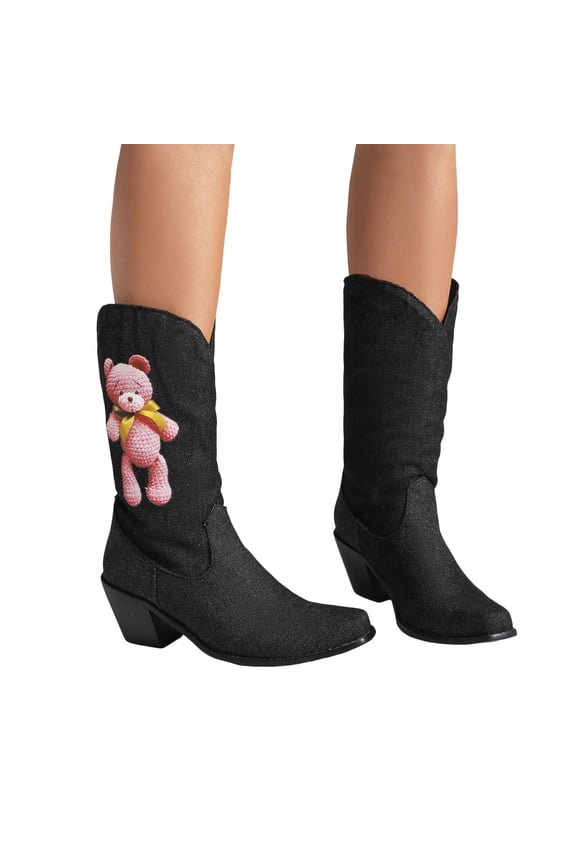 Bear Wide Mid Calf Cowgirl Boots for Women Fashion Cute Denim Pointed Toe Chunky Heeled Cowgirl Tall Boots