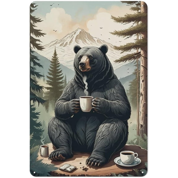 Bear And Wildlife Metal Tin Sign for Rustic Cabin Decor,Unique Coffee Wall Art for Adding A Natural,Outdoorsy Touch to Any Room in Your Lodge,Cabin,Country Home,Coffee Bar Pub 8x12 inch