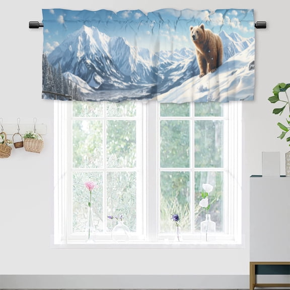 Bear Window Curtain Valances Winter Forest Snowy Nature Scenery Wildlife Camping Snow Mountain Rod Pocket Valances for Bedroom Living Room Dining Room 54 by 18 in, 1 Panel