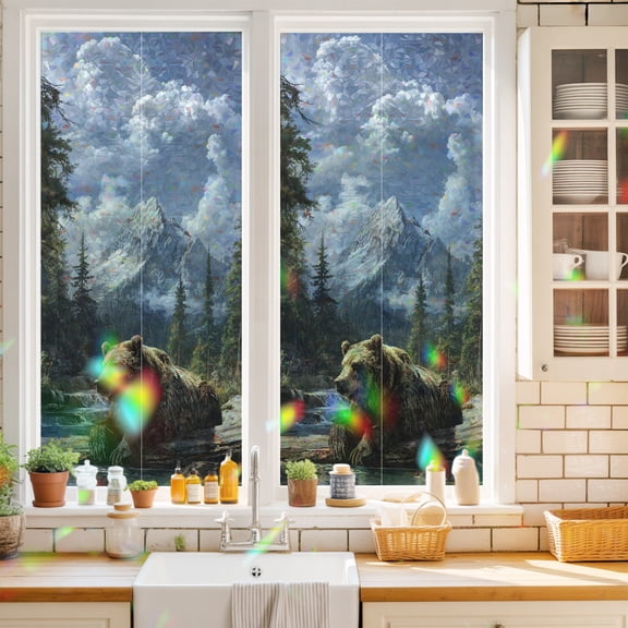 Bear Window Privacy Film Animal Snow Mountain Nature Pine Forest Static Cling Stained Glass Window Film Non-Adhesive Decorative Decals Rainbow Sticker 17.7"X39.3"