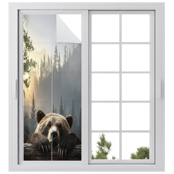 Bear Window Privacy Film, Animal Wood Fence Forest Farmhouse Frosted Glass Window Clings Static Cling UV Heat Blocking Reusable Door Sticker for Bathroom 23.6 x 59 Inch