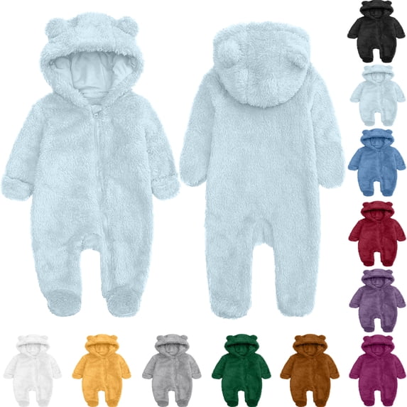 Bear Winter Fleece Hooded Snowsuit Jumpsuit Toddler Baby Girls Boys Long Sleeve Solid Color Warm Onesie Round Neck Jumpsuit Romper Light Blue 0 Months