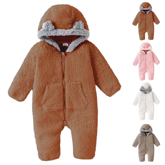 Bear Winter Fleece Hooded Snowsuit Jumpsuit Toddler Kids Boys Girls Cute Bodysuit Solid Color Warm Fleece Long Sleeved Zipper Jumpsuit Hoodie Rompers Brown 12-18 Months
