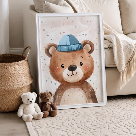 Bear With Beanie Print Happy Bear Woodland Nursery Forest Animal Decor, Unframed Paper Poster 8x10in