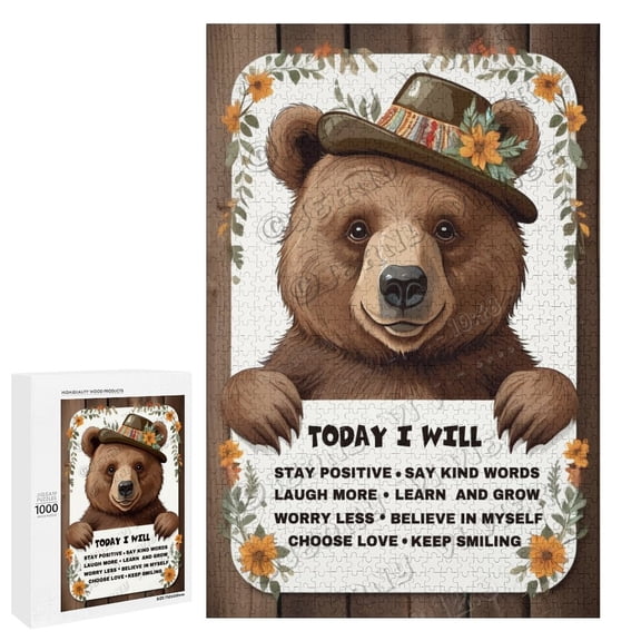 Bear With Positive Quote Rustic Wood Wall Sign Hanging Wood Sign Retro Vintage Home Decor 1000 Piece Puzzles for Adults 20"x30"