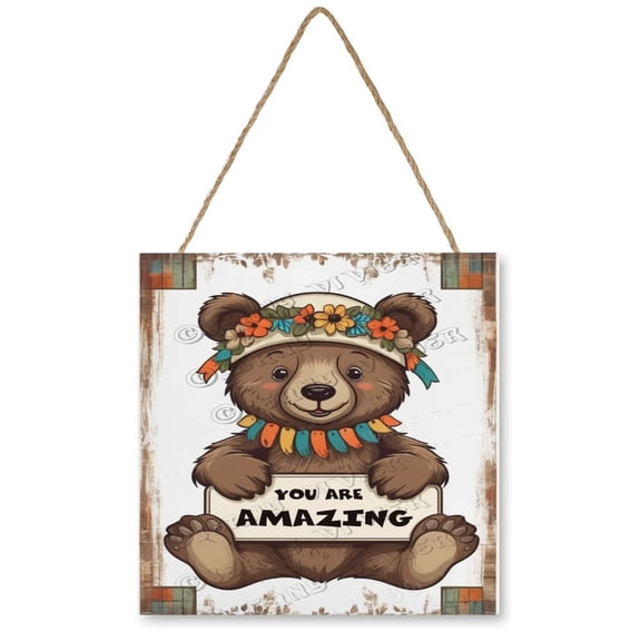 Bear With Positive Quote Wood Hanging Sign for Bedroom Living Room, Wood Wall Art, Funny Bathroom Wood Decor Sign, Housewarming Gift 12x12 Inches