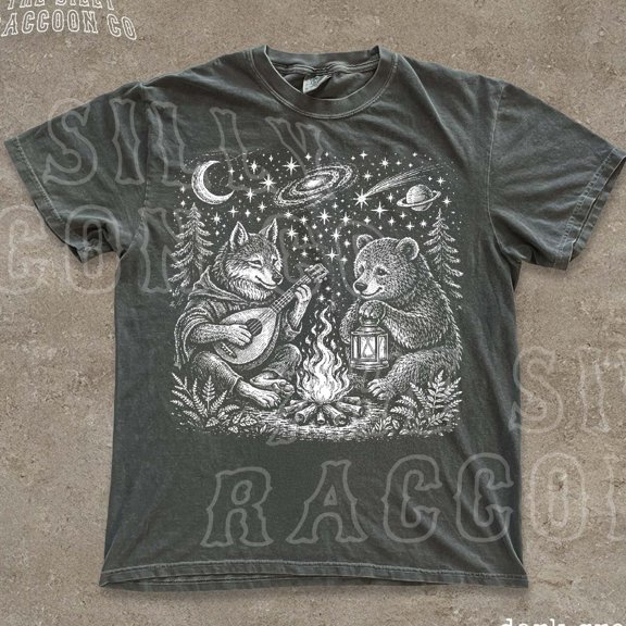 Bear Wolf Campfire Tee Wildlife Shirt Retro Forest Graphic Tee Goblincore Nature Lover Gif