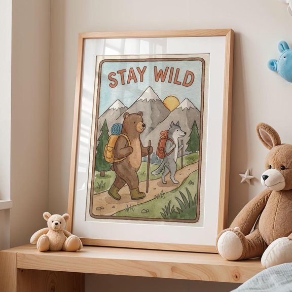 Bear Wolf Hiking Stay Wild Room Wall Decor Unframed Paper Print