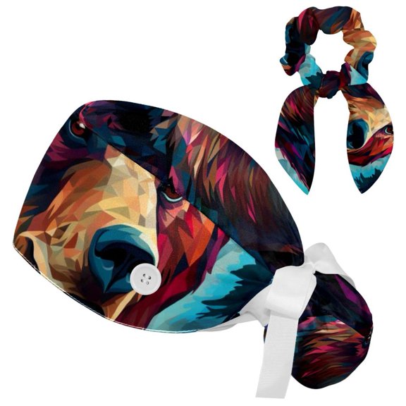 Bear Working Cap with Button & Sweatband Adjustable Unisex Tie Back Hat Nurse Surgical Cap for Woman