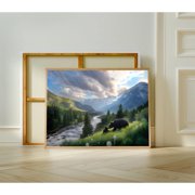 Bear and Cub Print Mountain Landscape Art Wilderness River