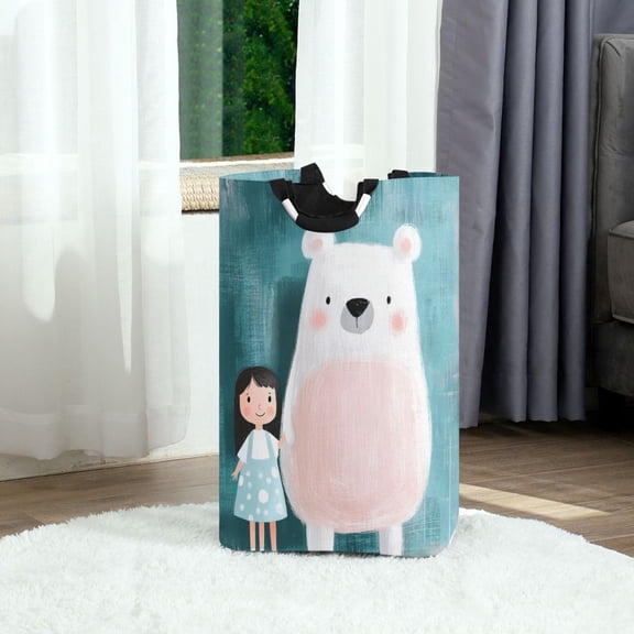 Bear and Kid Foldable Laundry Hamper 12.6x11x22.7in with Handles for Bathroom Bedroom Storage