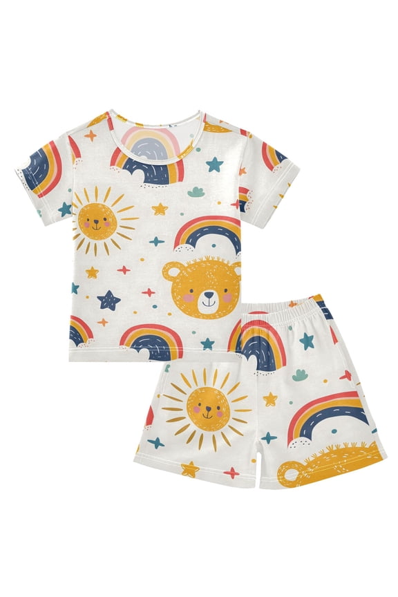 Bear and Sun Rainbow Summer Pajama Set Soft Cotton Short Sleeve Sleepwear 2PCS Pajama Sets Breathable Lounge Set Size 14Y