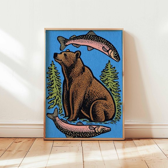 Bear and Trout Rustic Wildlife Bold Nature Illustration Cabin Decor Art, Stretched Canvas 8x10in