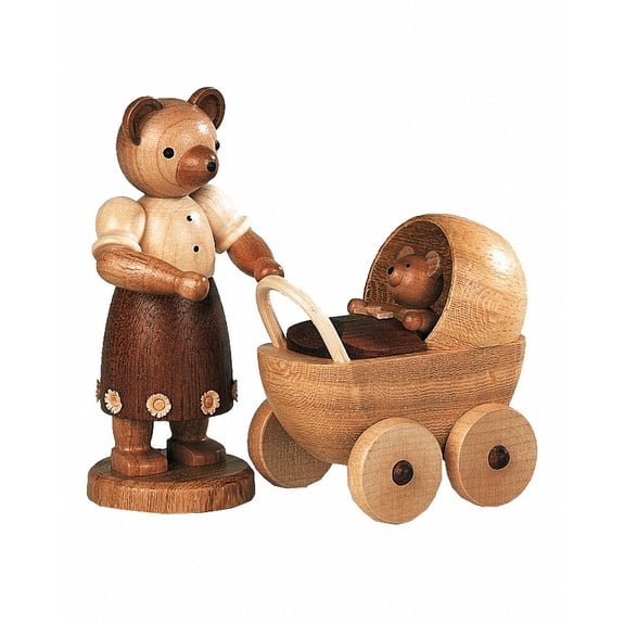 Bear, female, with buggy, height 10 cm / 4 inch, original Erzgebirge by Müller Seiffen
