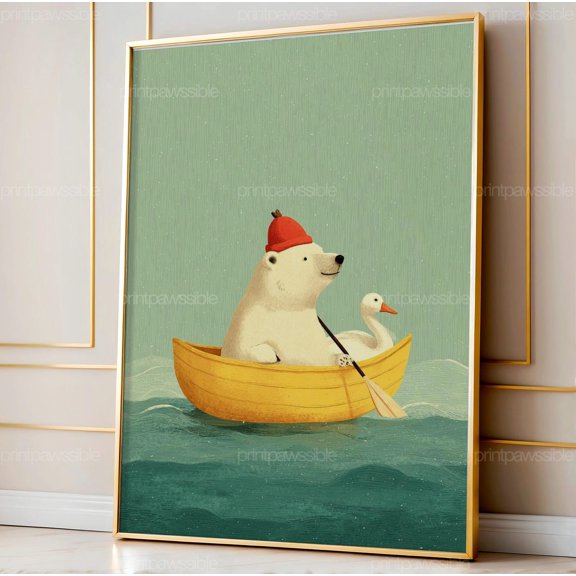 Bear in Boat Nursery Art Vintage Animal Wall Playful Coastal Room Decor Whimsical Printable, Stretched Canvas 8x10in